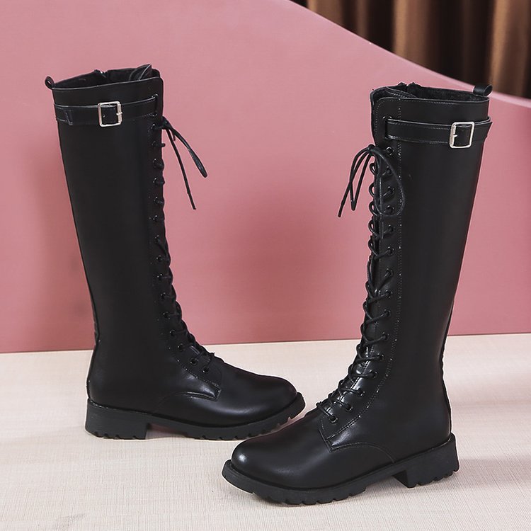Womens Mid - heel High Boots With Laces And Buckles - Eshtree
