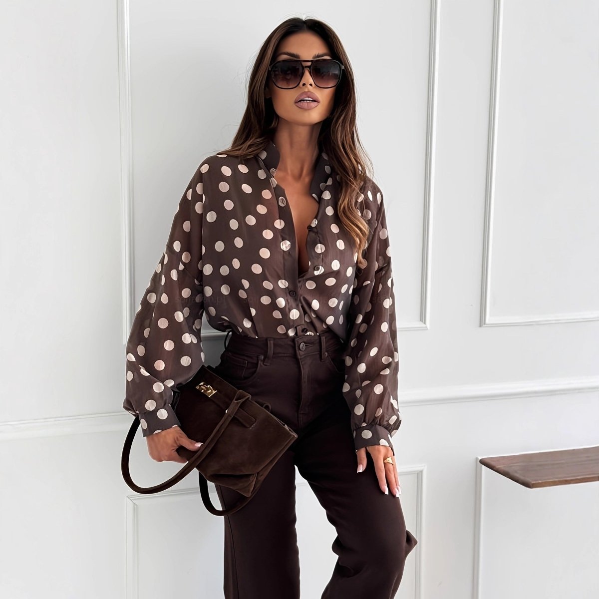 Womens Minimalist Long - Sleeve Polka - Dot Waist - Cinching Office - Ready Shirt - Eshtree