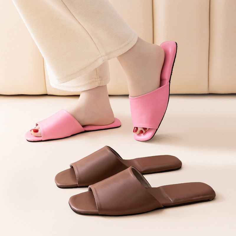Womens PU Leather Plain Color Simple Slippers For Home Use - Eshtree