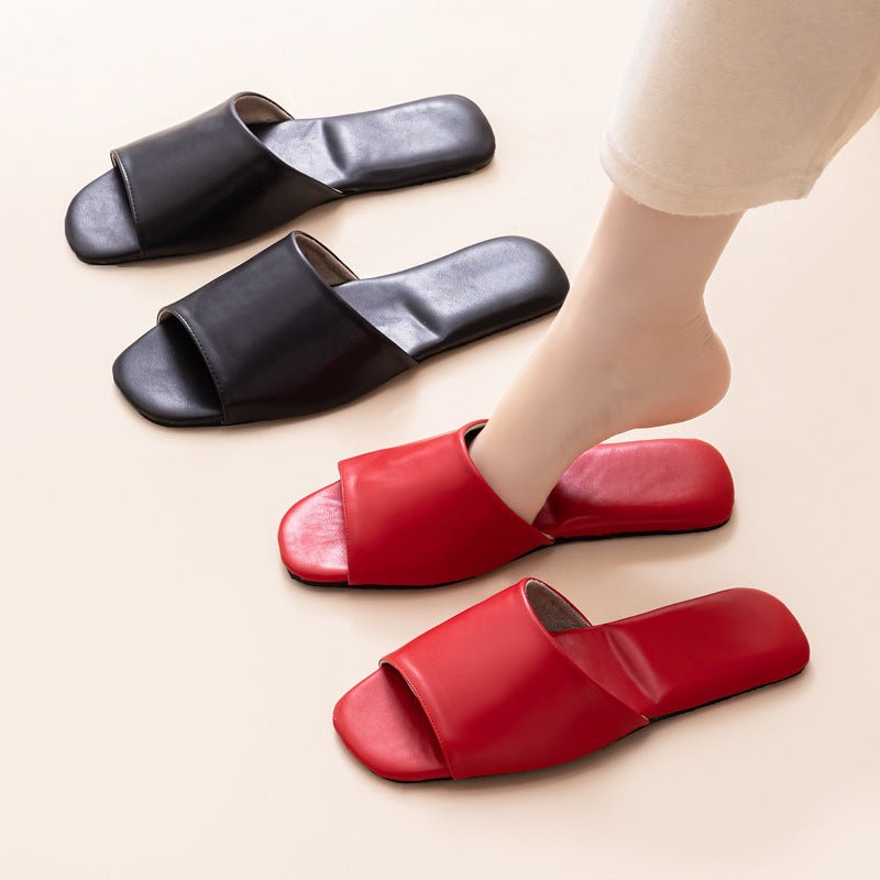 Womens PU Leather Plain Color Simple Slippers For Home Use - Eshtree