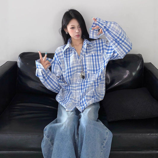 Women's Retro Color - block Loose Long Sleeve Shirt - Eshtree