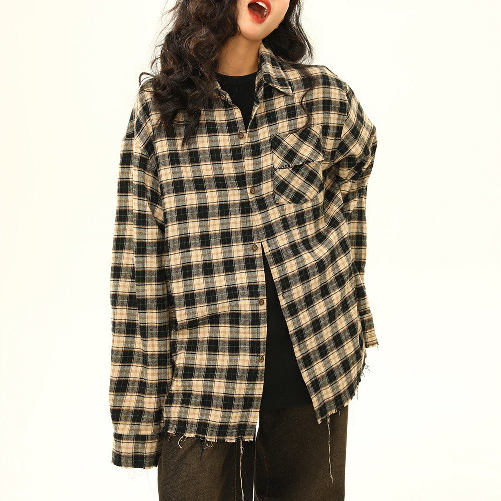 Womens Retro Maillard Loose All - Match Plaid Blouse - Eshtree