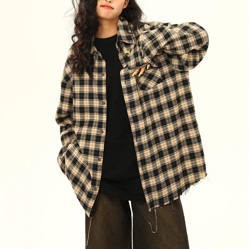 Womens Retro Maillard Loose All - Match Plaid Blouse - Eshtree