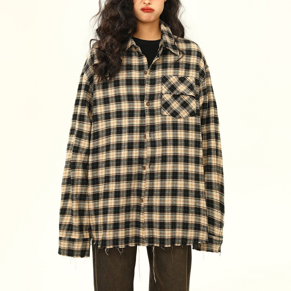 Womens Retro Maillard Loose All - Match Plaid Blouse - Eshtree