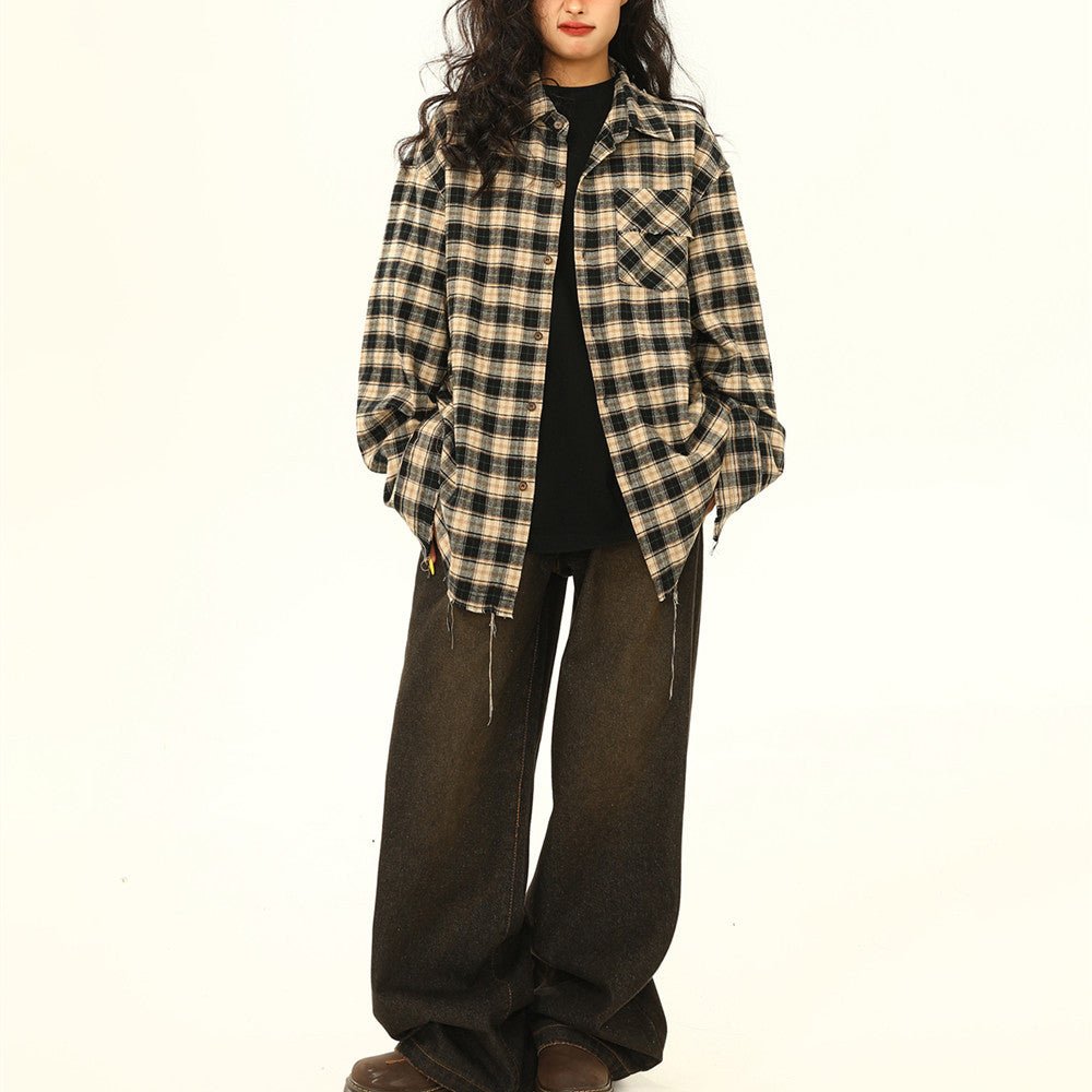 Womens Retro Maillard Loose All - Match Plaid Blouse - Eshtree