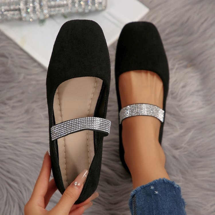Women's Rhinestone Square - toe Shallow - mouth Suede Flat Shoes - Eshtree