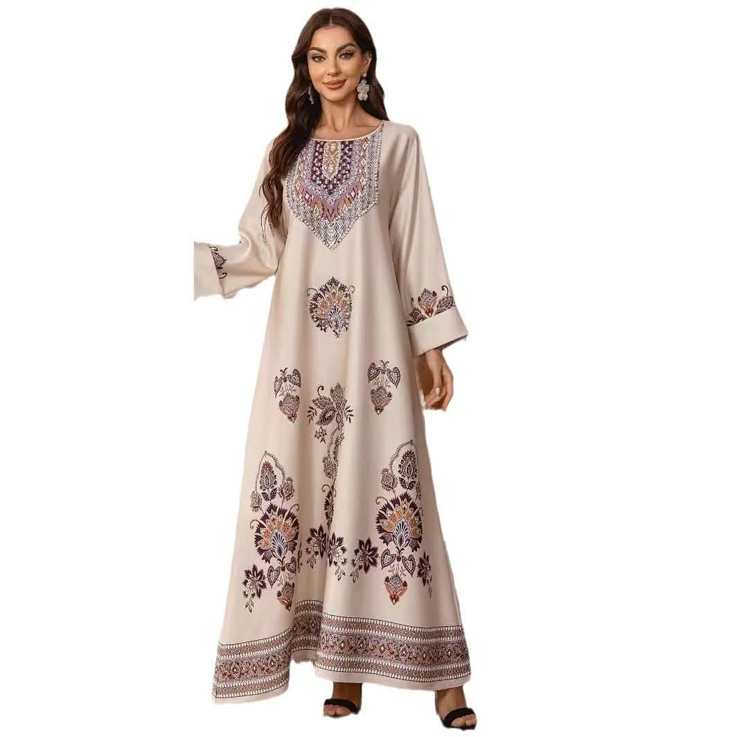 Women's Round Neck Printed Rhinestones Beaded Loose Dress - Eshtree