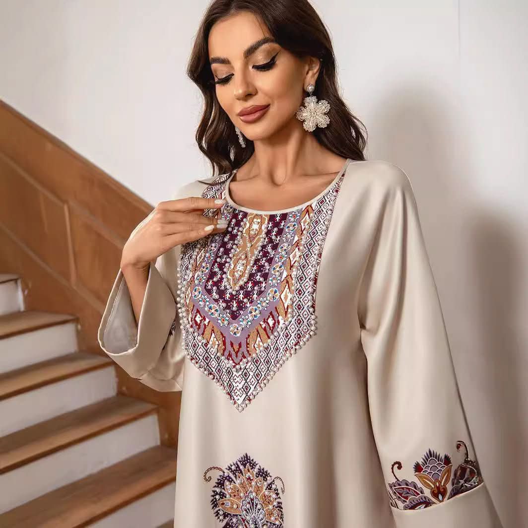 Women's Round Neck Printed Rhinestones Beaded Loose Dress - Eshtree