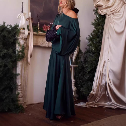 Womens Solid - Color Crew - Neck Long - Sleeve Top Sheath Maxi Skirt - Eshtree