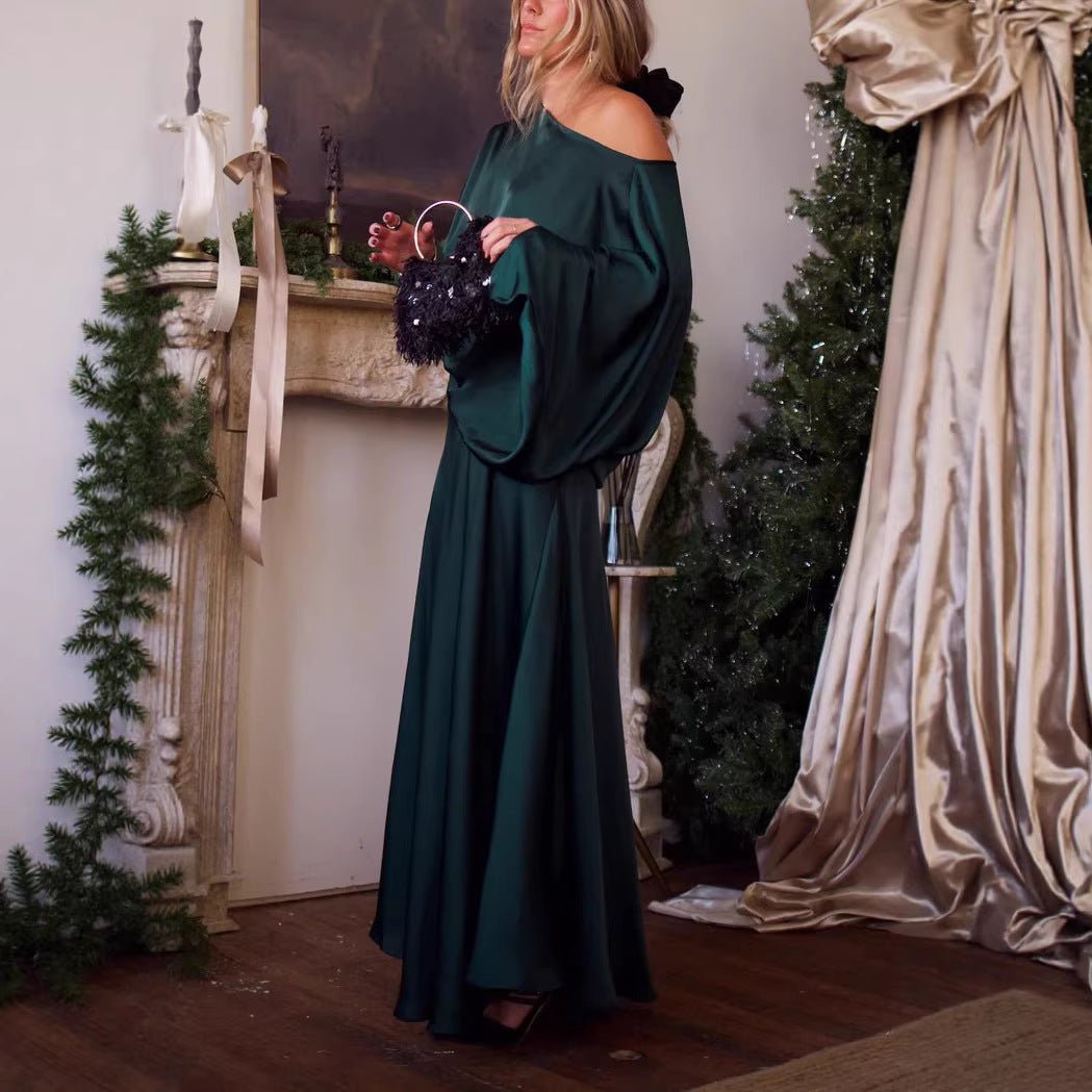 Womens Solid - Color Crew - Neck Long - Sleeve Top Sheath Maxi Skirt - Eshtree