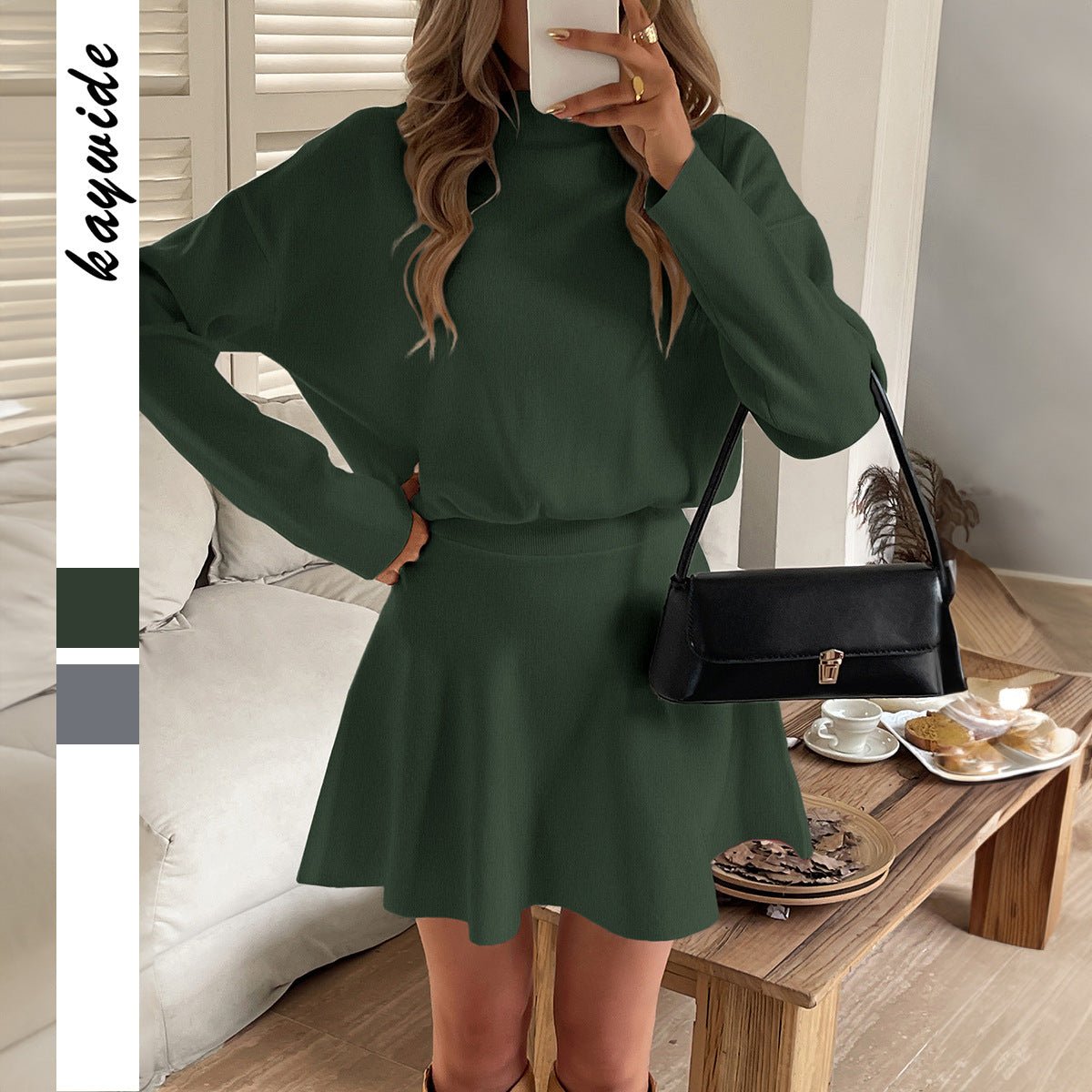 Womens Solid - Color Elegant Knit Long - Sleeve Dress - Eshtree