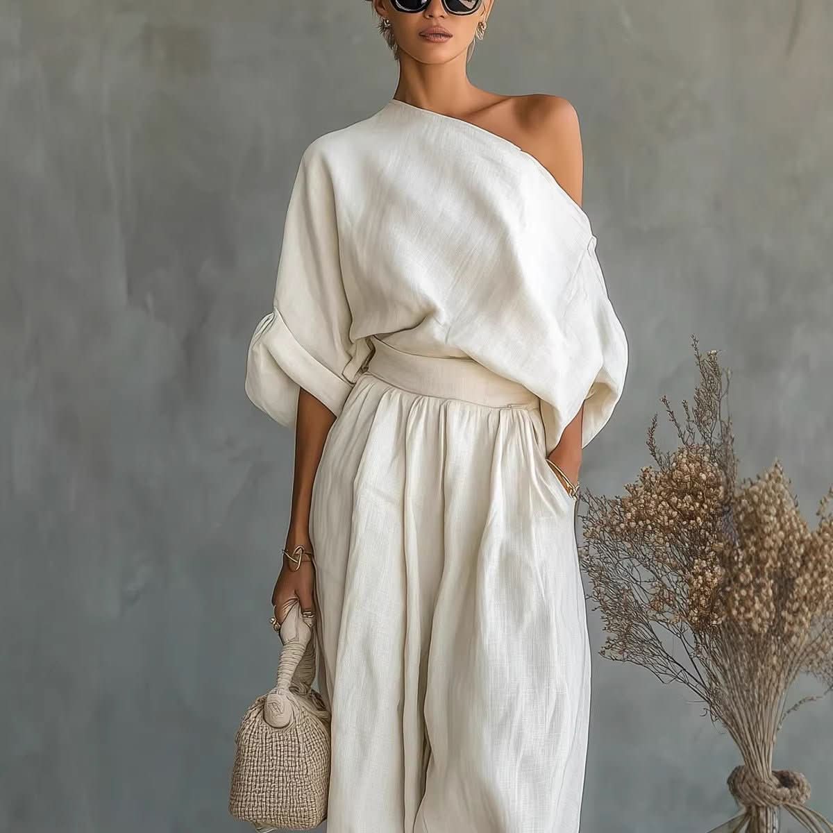 Womens Solid - Color Elegant Off - Shoulder Top And Pants Loose Two - Piece Set - Eshtree