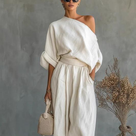 Womens Solid - Color Elegant Off - Shoulder Top And Pants Loose Two - Piece Set - Eshtree