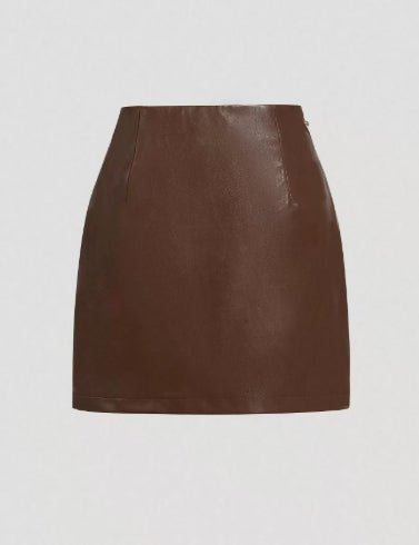 Womens Solid - Color Faux Leather Mini Skirt With Metal Buttons - Eshtree
