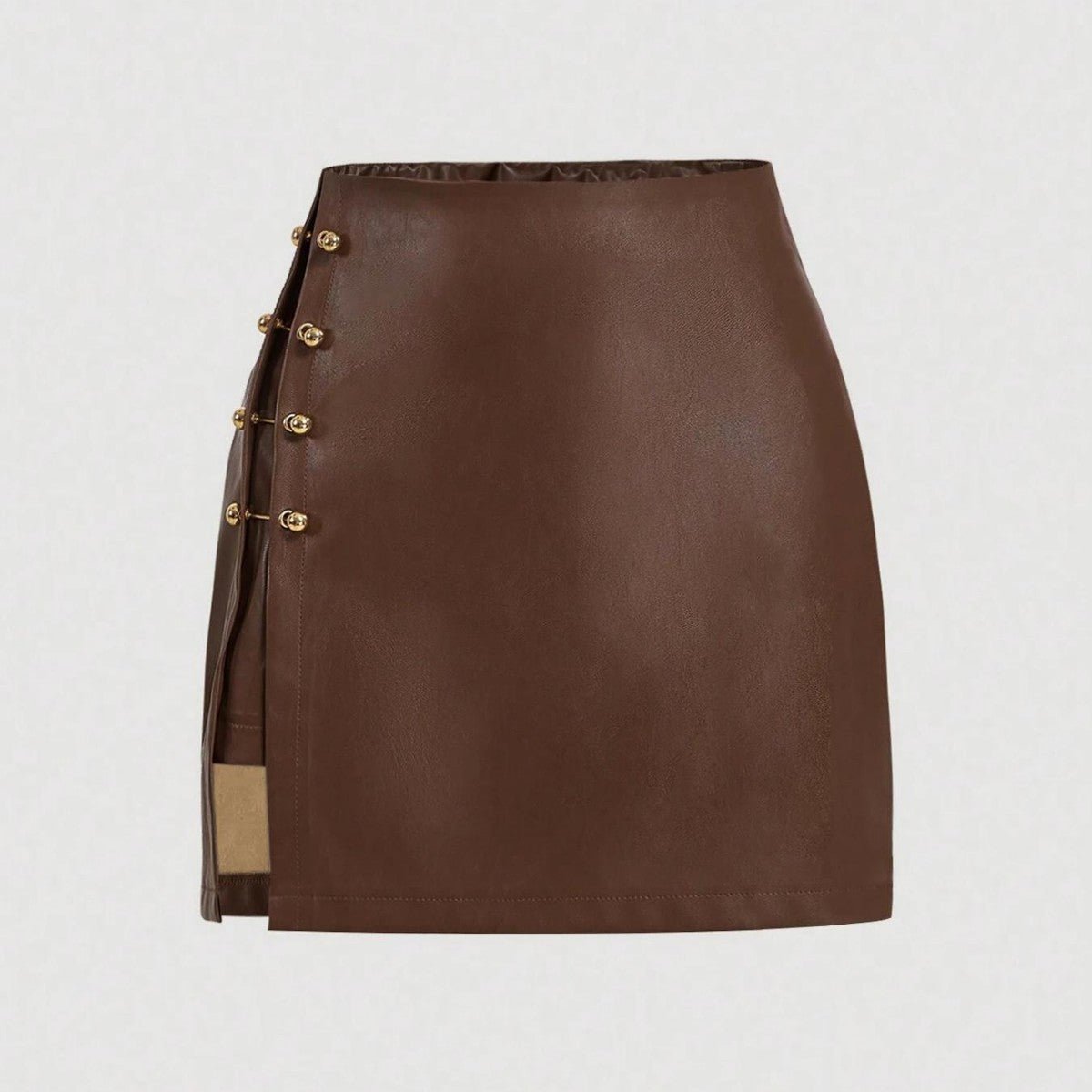 Womens Solid - Color Faux Leather Mini Skirt With Metal Buttons - Eshtree