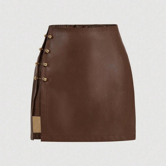Womens Solid - Color Faux Leather Mini Skirt With Metal Buttons - Eshtree