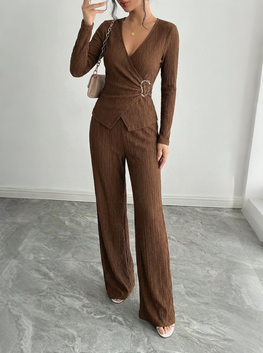 Womens Solid - Color V - Neck Cross - Over Long - Sleeve T-Shirt And Pants Set - Eshtree