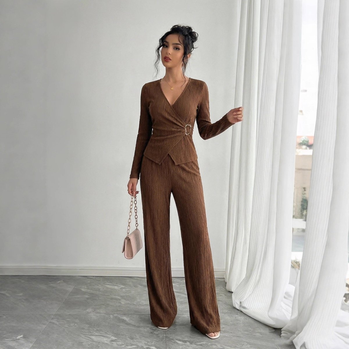 Womens Solid - Color V - Neck Cross - Over Long - Sleeve T-Shirt And Pants Set - Eshtree