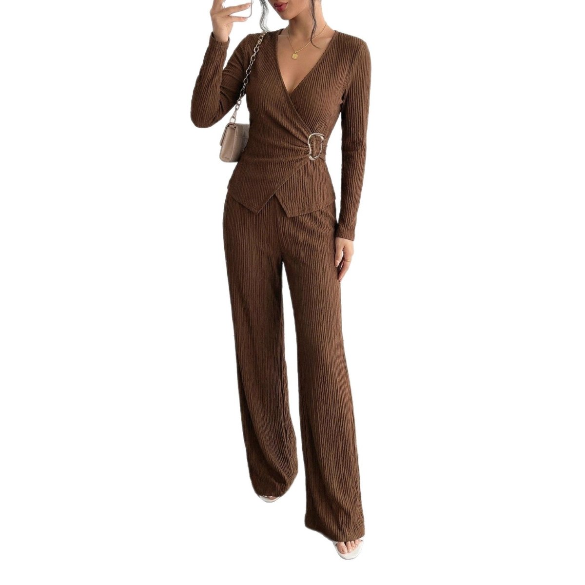 Womens Solid - Color V - Neck Cross - Over Long - Sleeve T-Shirt And Pants Set - Eshtree