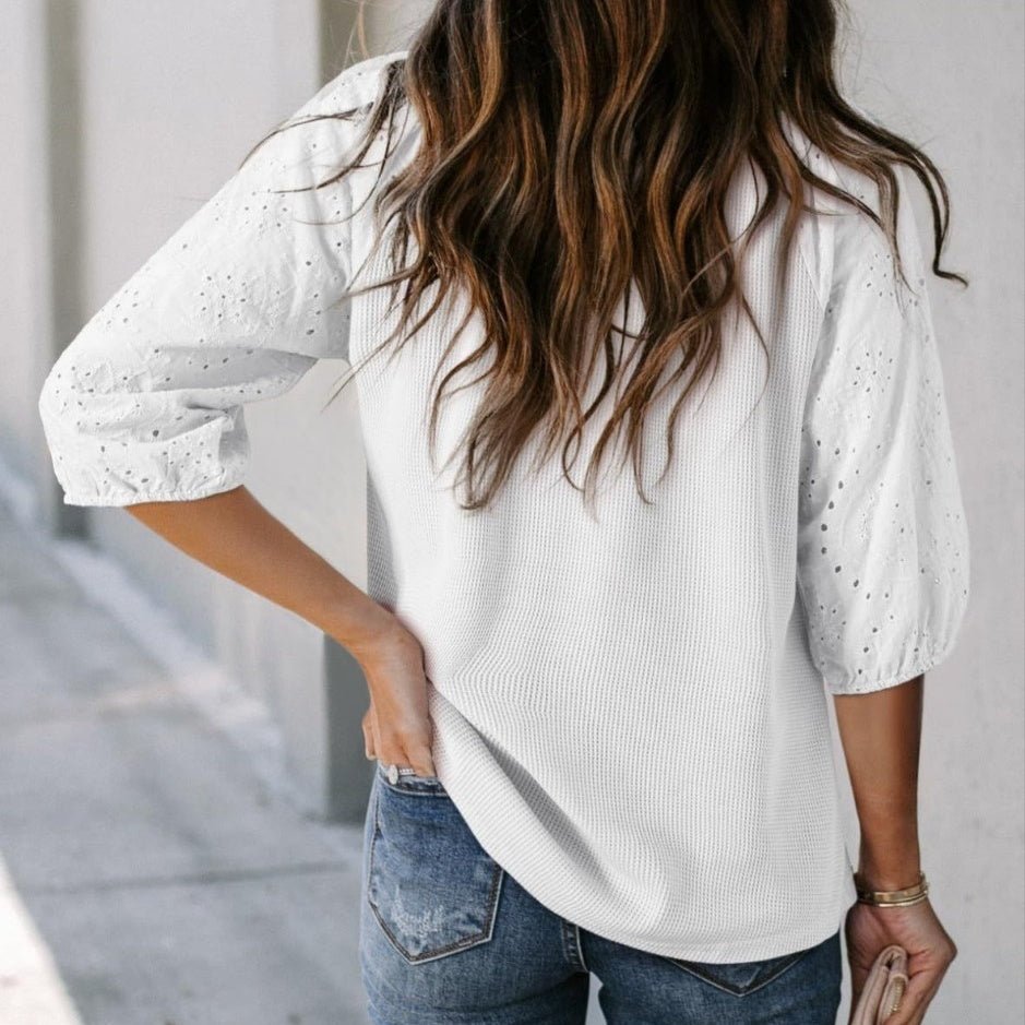 Womens V - neck Hooded Three - Quarter Sleeve Tassel Shirt - Eshtree