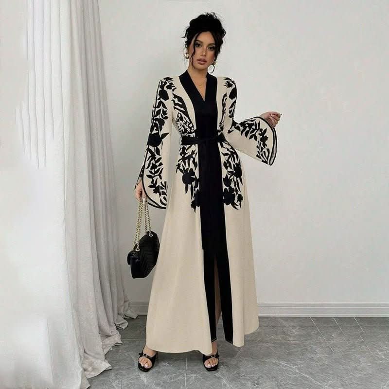 Women's V - neck Long Cardigan Printed Flared Long - sleeve Lace - up Dress - Eshtree