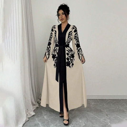 Women's V - neck Long Cardigan Printed Flared Long - sleeve Lace - up Dress - Eshtree