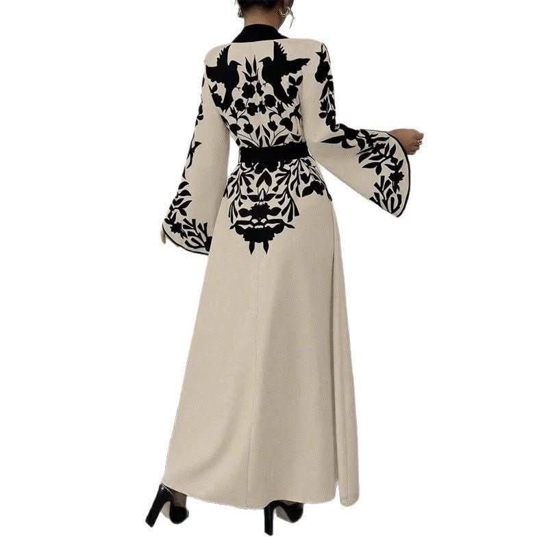 Women's V - neck Long Cardigan Printed Flared Long - sleeve Lace - up Dress - Eshtree