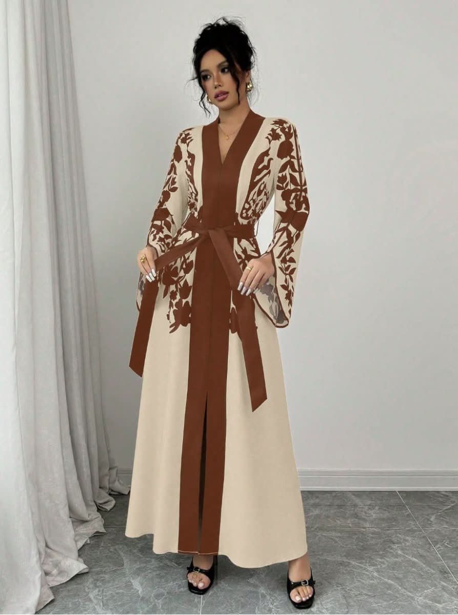 Women's V - neck Long Cardigan Printed Flared Long - sleeve Lace - up Dress - Eshtree