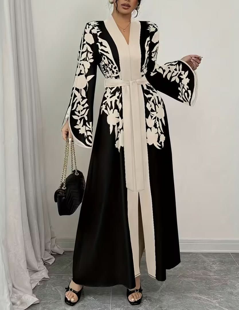 Women's V - neck Long Cardigan Printed Flared Long - sleeve Lace - up Dress - Eshtree