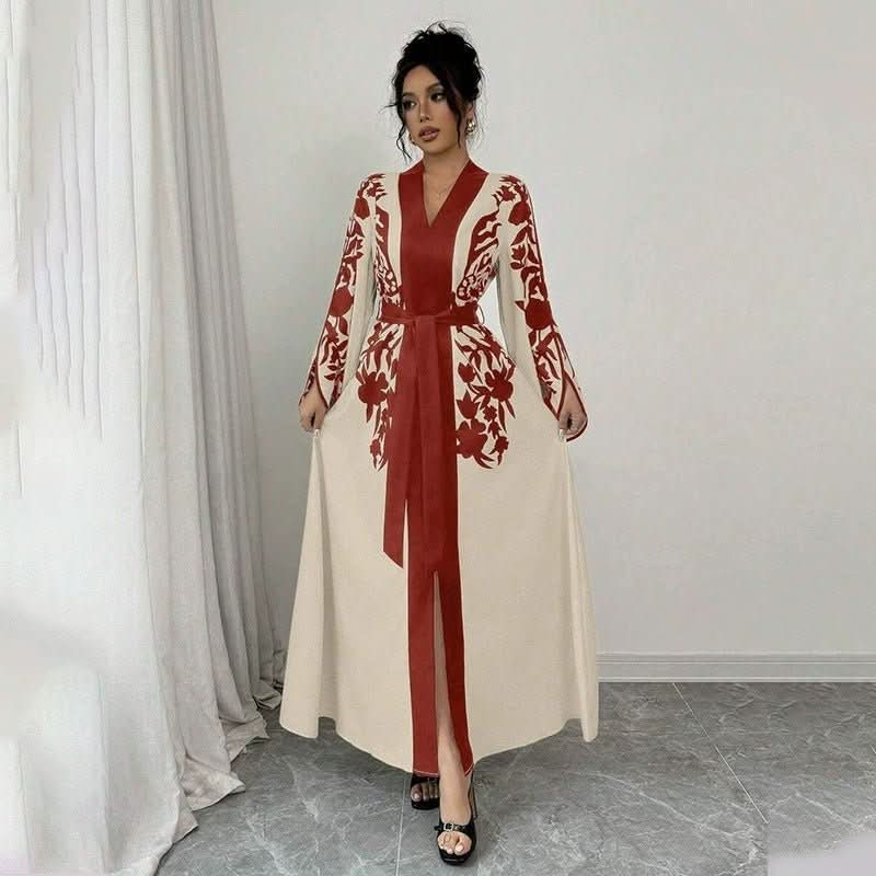 Women's V - neck Long Cardigan Printed Flared Long - sleeve Lace - up Dress - Eshtree