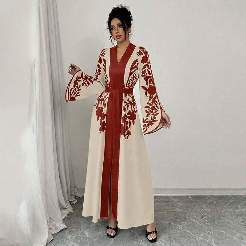 Women's V - neck Long Cardigan Printed Flared Long - sleeve Lace - up Dress - Eshtree
