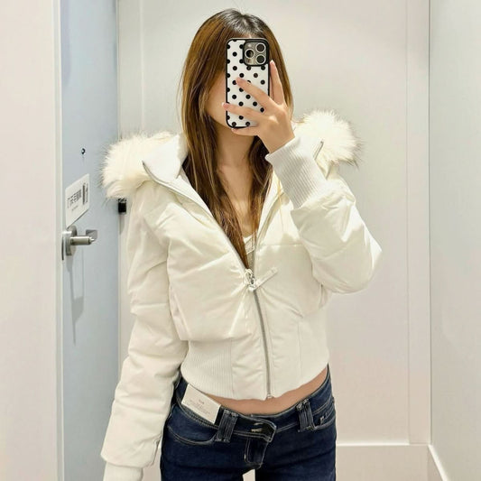 Women's Versatile American Retro Fur - collar Hooded Short Cotton Jacket - Eshtree