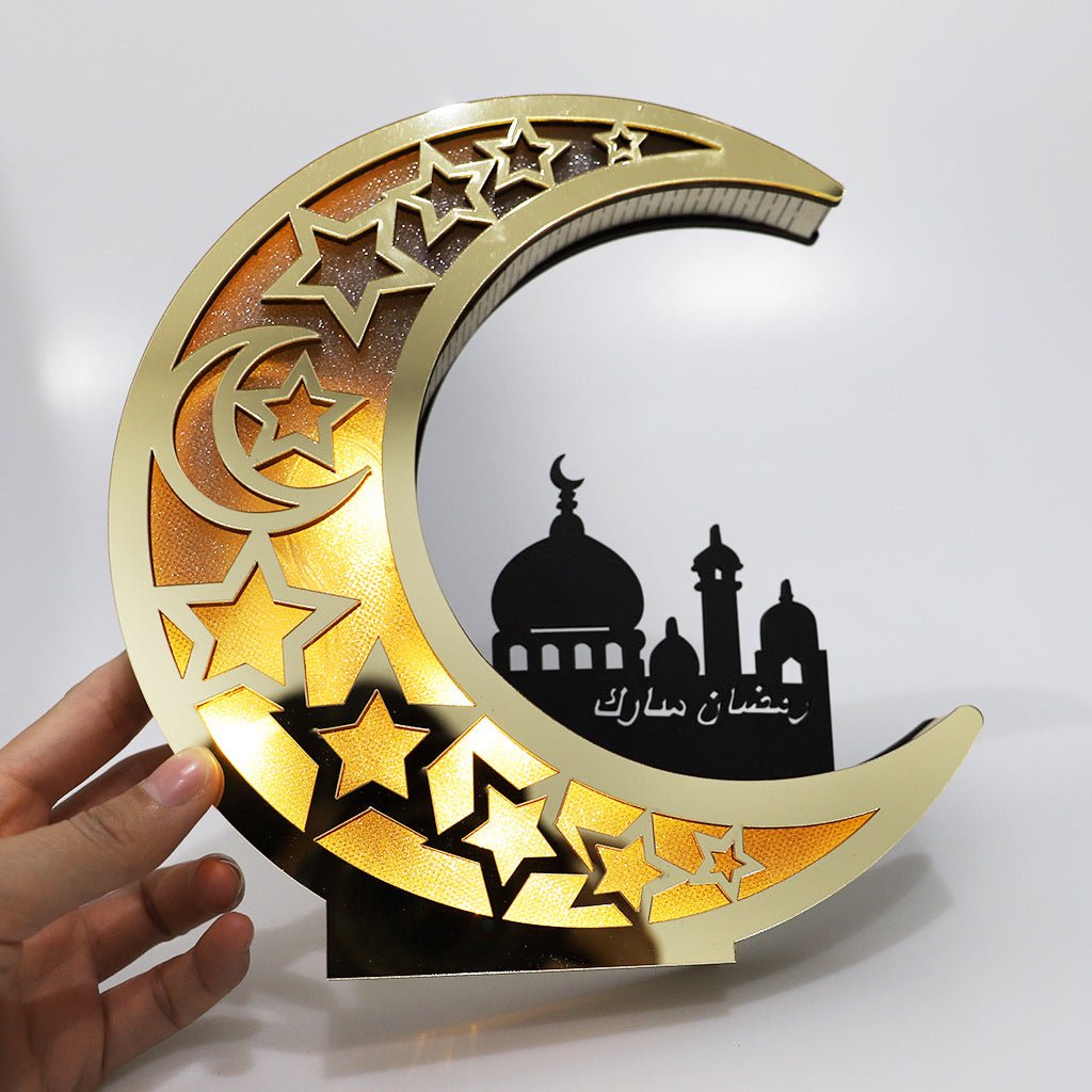 Wooden Eid Mubarak Mirror Golden Moon Castle Hollow Letters with LED Lights Crafts - Eshtree