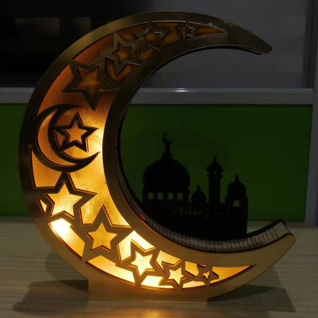 Wooden Eid Mubarak Mirror Golden Moon Castle Hollow Letters with LED Lights Crafts - Eshtree