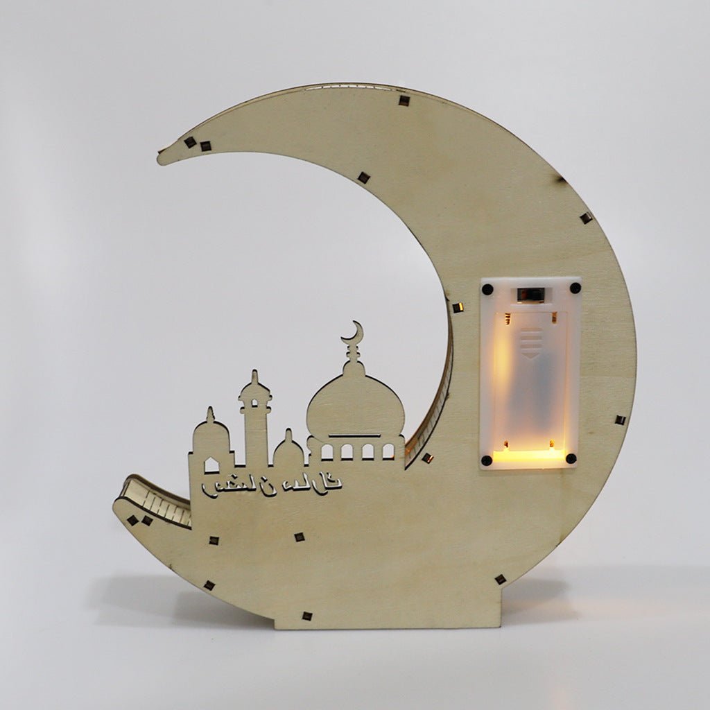 Wooden Eid Mubarak Mirror Golden Moon Castle Hollow Letters with LED Lights Crafts - Eshtree