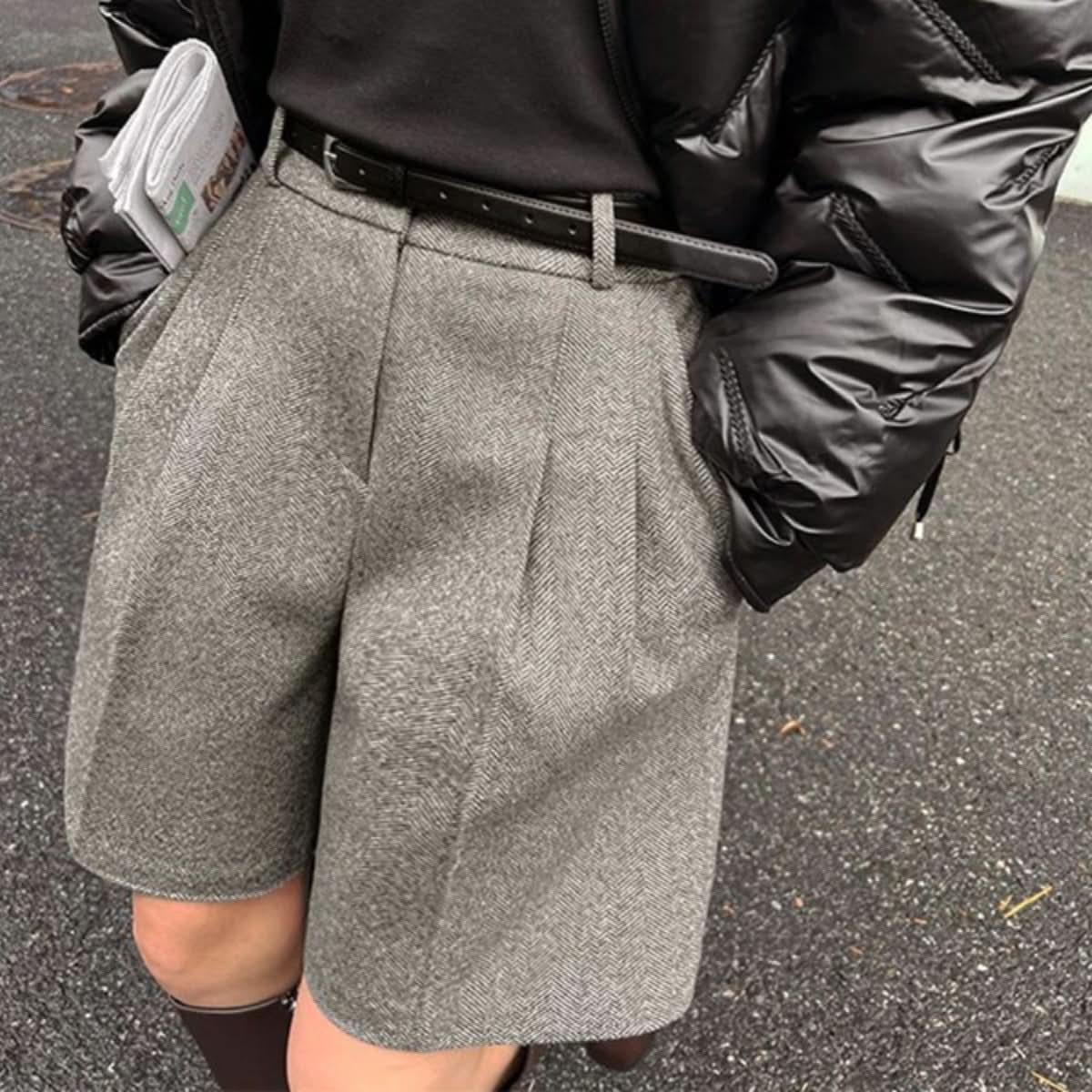 Woolen Shorts High Waist Outer Wear Fifth Pants Small Wide Leg - Eshtree